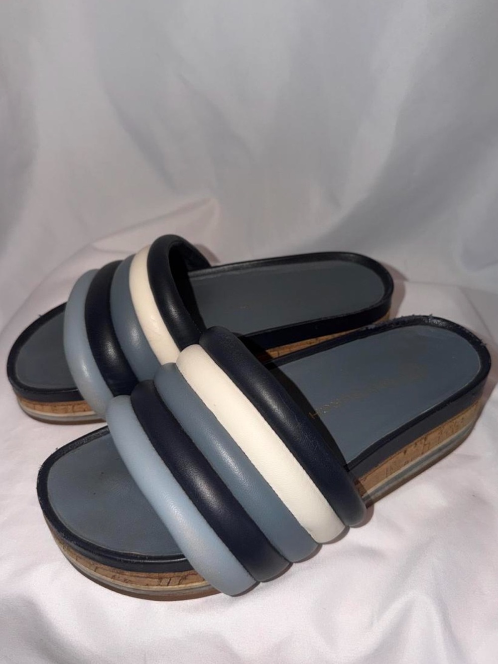 Tory Burch Layered Padded Slide Sandals in Navy, Light Blue and White